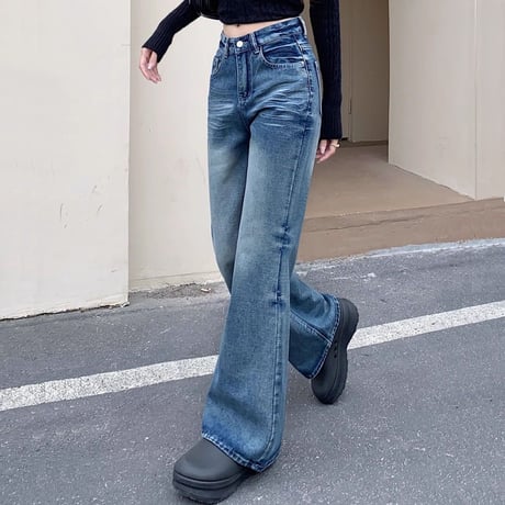 デニムパンツ ブラスト加工 スリム Gパン デニム ドレープ ボトムス ハイウエスト ルーズ パンツ ズボン レトロ 大人可愛い ガーリー カジュアル DTCA-863235522285