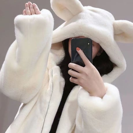クマ耳 フード付き ボアブルゾン フェイクファー ファーブルゾン ボアジャケット アウター もこもこ ボア ゆったり レトロ 大人可愛い ガーリー カジュアル DTCA-745996723815
