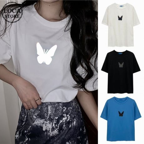 ユニセックス Tシャツ 反射光 バタフライ 半袖 ルーズ 韓国ファッション メンズ レディース トップス 大きめ カジュアル ストリートファッション DTC-617478923344