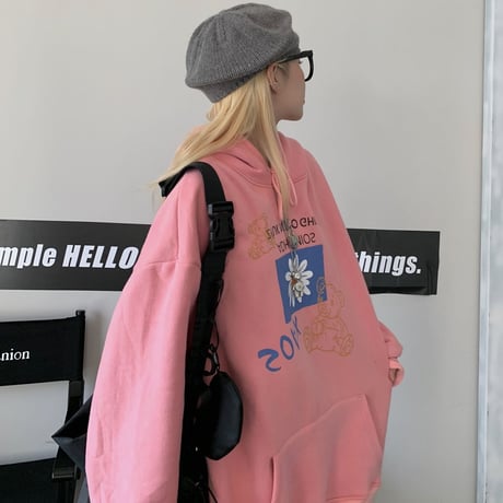 ユニセックス パーカー プルオーバー クマ フラワー 裏起毛 長袖 オーバーサイズ カジュアル 韓国ファッション メンズ レディース 韓国ストリートファッション DTC-684245754495