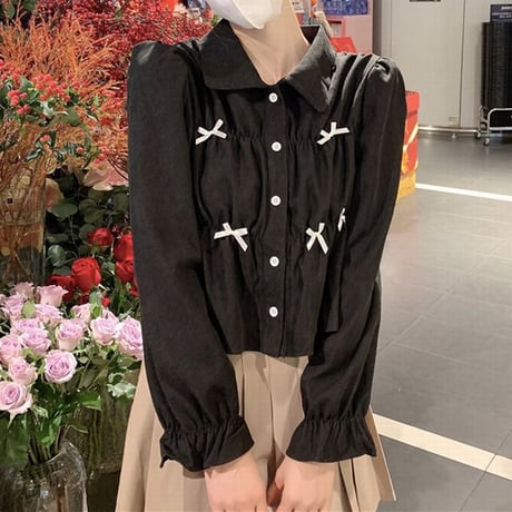シャツ ブラウス ショート丈 リボン シャーリング 長袖 レトロ 韓国ファッション レディース 大人可愛い ガーリー フェミニン DTC-656433933514