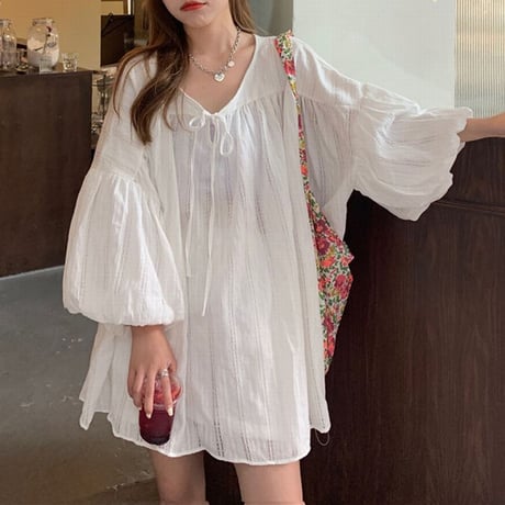 ワンピース チュニック ランタンスリーブ ルーズ 長袖 韓国ファッション レディース 大人可愛い ガーリー フェミニン DTC-639641689291