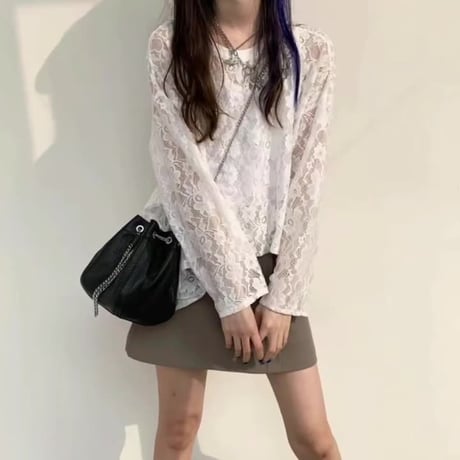 フラワーレース tシャツ 透け感 トップス ホワイト ブラック クルーネック レース ロンT 長袖 レトロ 大人可愛い ガーリー DTCA-865166902200
