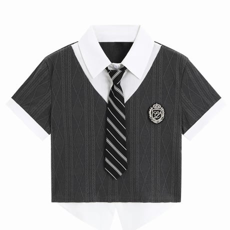 フェイクレイヤード トップス ネクタイ付き tシャツ ブラウス スリムフィット ショート丈 半袖 ドッキングトップス レトロ 大人可愛い ガーリー DTCA-701203919736