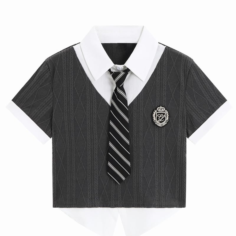 フェイクレイヤード トップス ネクタイ付き tシャツ ブラウス スリム
