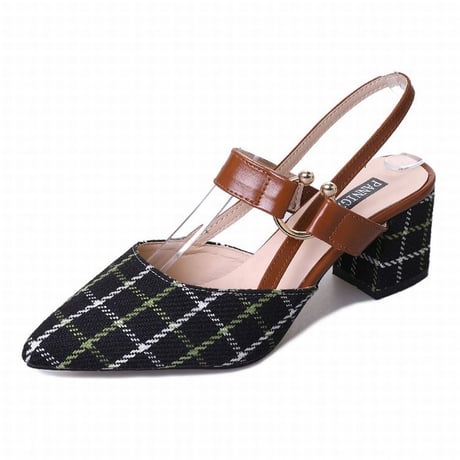 チェック柄 サンダル ポインテッドトゥ アンクルストラップ チャンキーヒール 6cm 韓国ファッション レディース ストラップ パンプス 痛くない かわいい 靴 歩きやすい 566612229385