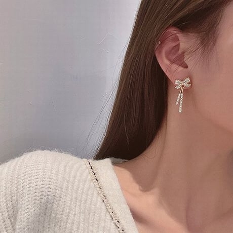 ピアス 両耳用 リボン ドロップピアス CZ アクセサリー 合金 シルバー925 ジュエリー DTC-636637950656