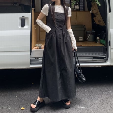 ジャンパースカート ハイウエスト ジャンスカ キャミワンピース スリット ロング丈 Aライン レトロ 韓国ファッション レディース 大人可愛い ガーリー カジュアル DTC-678846717956