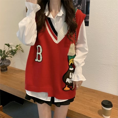 ニットベスト Vネック 不規則デザイン マガモ マルチカラー ルーズ シンプル レトロ 韓国ファッション レディース ガーリー カジュアル DTC-666231453890