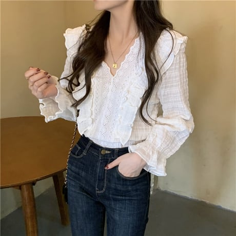 フリル ブラウス 韓国ファッション レディース トランペットスリーブ Vネック 長袖 ルーズ 大人可愛い ガーリー フェミニン DTC-626956005997