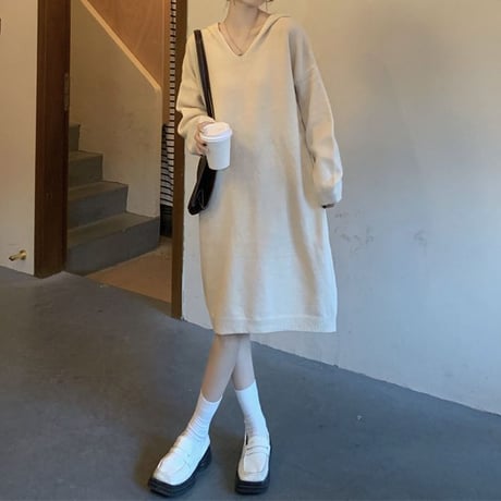 フード付き ニットワンピース ロングワンピース ルーズ ゆったり ルーズウエスト 長袖 レトロ 韓国ファッション レディース 大人可愛い ガーリー DTC-682629628231