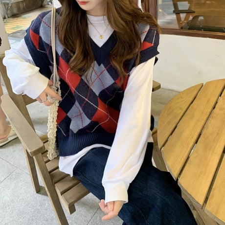 ニットベスト アーガイル柄 チェック柄 Vネック ルーズ カジュアル 韓国ファッション レディース 大人可愛い ガーリー DTC-655942017383