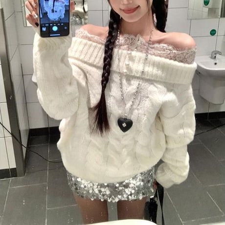 ニット ケーブル編み レース オフショルダー ボタン トップス 長袖 ゆったり ルーズ レトロ 大人可愛い ガーリー DTCA-974012246141