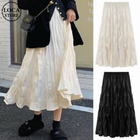 プリーツスカート ハイウエスト ロング丈 Aラインスカート フレアスカート ウエストゴム レトロ 韓国ファッション レディース 大人可愛い ガーリー フェミニン DTC-661833506858