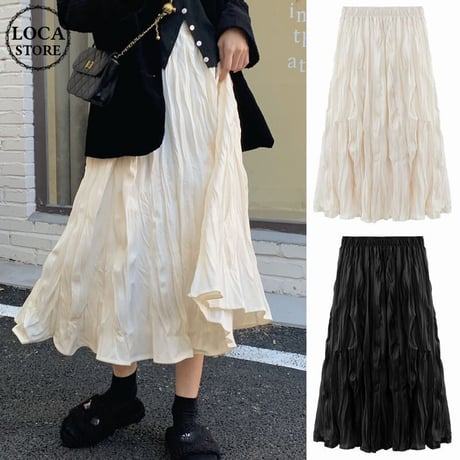 プリーツスカート ハイウエスト ロング丈 Aラインスカート フレアスカート ウエストゴム レトロ 韓国ファッション レディース 大人可愛い ガーリー フェミニン DTC-661833506858