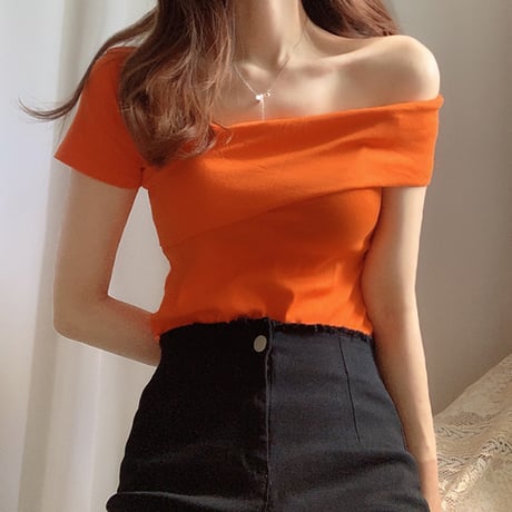 ワンショルダー トップス 不規則デザイン 半袖 韓国ファッション レディース Tシャツ 大人可愛い ガーリー フェミニン DTC-641886251782