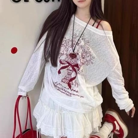 シアートップス 薄手 オフショルダー シアーtシャツ ロンt トップス UV対策 ゆったり ルーズ 長袖 レトロ 大人可愛い ガーリー カジュアル DTCA-930947193917