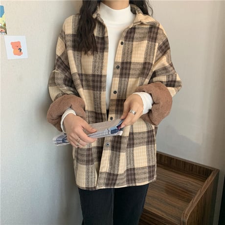 裏起毛 チェック柄 シャツ アウター チェックシャツ 長袖 厚手 暖かい レトロ 韓国ファッション レディース  カジュアル もこもこ ゆったり ボア おしゃれ DTC-658487637007