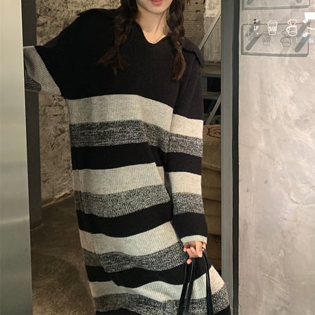 ニットワンピース ボーダー柄 パネルボーダー ロング丈 ラペル 大きい襟 ルーズ ロングワンピース 長袖 レトロ 韓国ファッション レディース 大人可愛い ガーリー DTC-745423082374