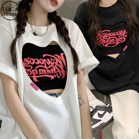 【2カラー】 セット商品 ハートカット Tシャツ 半袖 チューブトップ ゆったり ルーズ 韓国ファッション レディース 大人可愛い ガーリー カジュアル DTC-677839893584