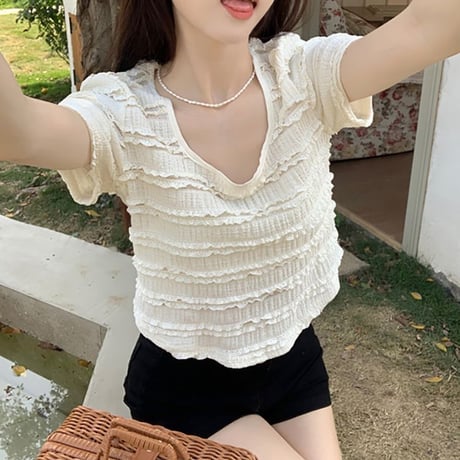 tシャツ ラウンドヘム 半袖 スクエアネック フリル ショート丈 トップス 薄手 レトロ 韓国ファッション レディース 大人可愛い ガーリー DTC-704922275965