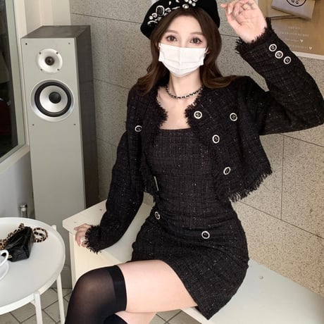 セットアップ 上下セット ツイード風 タッセル ショートジャケット キャミワンピース 長袖 レトロ 韓国ファッション レディース 大人可愛い ガーリー DTCA-981138031390