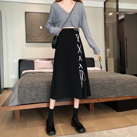 レースアップ フレアスカート ハイウエスト ロングスカート Aライン スカート レトロ 韓国ファッション レディース 大人可愛い ガーリー DTC-667437875861