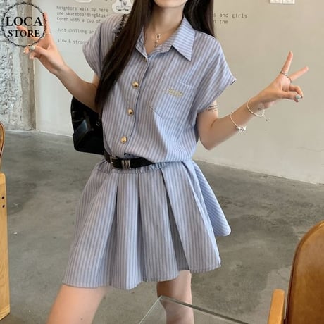 ストライプ柄 シャツワンピース 半袖 プリーツ ショート丈 ミニワンピース Aライン ワンピース レトロ 大人可愛い ガーリー 韓国ファッション レディース DTC-793096900642