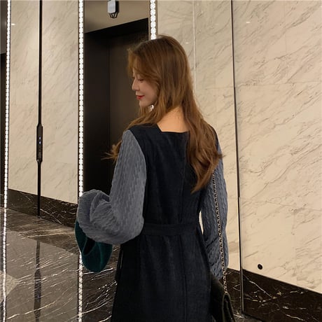 フェイクレイヤード ジャンパースカート 韓国ファッション レディース ハイウエスト パフ袖 ロングスカート 重ね着風 長袖 DTC-609838966122