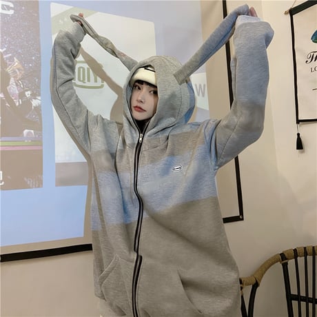 パーカー プルオーバー プラスベルベット ウサギ耳 フードジップ ルーズ 韓国ファッション レディース ゆったり 大きめ カジュアル ストリート系 DTC-632251286193