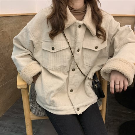 コーデュロイ ボアジャケット ボアブルゾン フェイクラムウール アウター 厚手 ルーズ 暖かい 韓国ファッション レディース 大人可愛い ガーリー カジュアル DTC-657546006914