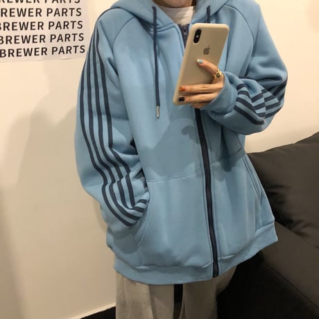 パーカー 裏起毛 袖ライン ジップアップ プラスベルベット 長袖 オーバーサイズ 韓国ファッション レディース ルーズ カジュアル ストリートファッション DTCA-732271460143