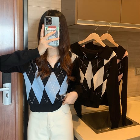 アーガイル柄 襟付き ニット セーター POLO襟 長袖 ショート丈 Vネック 韓国ファッション レディース 大人可愛い ガーリー DTC-652002424823