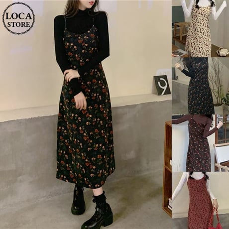 花柄 キャミワンピース スリングワンピース ロング丈 ノースリーブ レトロ 韓国ファッション レディース 大人可愛い ガーリー フェミニン DTC-657889153535
