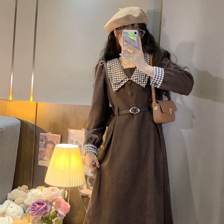 襟付き コーデュロイ ワンピース チェック柄 ベルト aライン 長袖 ハイウエスト レトロ 韓国ファッション レディース 大人可愛い ガーリー フェミニン DTC-661253732995
