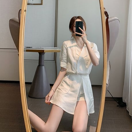 セットアップ セット シャツ ＋ ボトムス 韓国ファッション レディース トップス ショートジャケット 無地 ハイウエスト 大人可愛い ガーリー DTC-622877670244