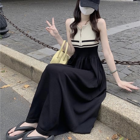 ニットワンピース ノースリーブ ファスナー サマーニット スリムフィット Aライン ロングワンピース ハイウエスト レトロ 大人可愛い ガーリー DTCA-823649264982