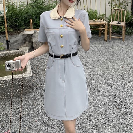フリル襟 ワンピース ミニ丈 ウエストマーク ハイウエスト 半袖 ミニワンピース レトロ 韓国ファッション レディース 大人可愛い ガーリー DTC-709128227564