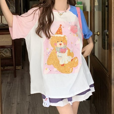 Tシャツ 立体スター クマちゃんプリント バイカラー ラグランスリーブ 半袖 オーバーサイズ トップス レトロ 韓国ファッション レディース 大人可愛い ガーリー DTC-773427210950