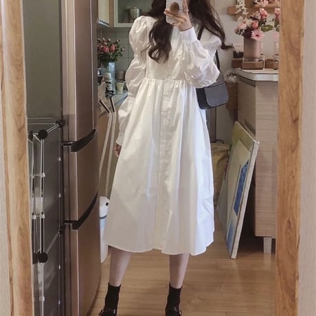 シャツワンピース ブラウスワンピース パフ袖 Aライン ウエストマーク ロング丈 長袖 ハイウエスト 大人可愛い ガーリー DTC-655003308597