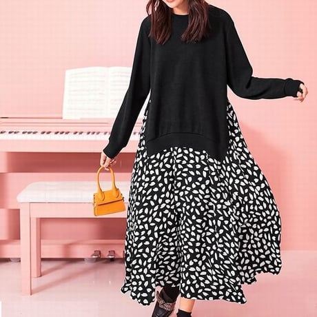 レディース ドッキングワンピース サイドスリット レイヤード風 ニット ロング丈 長袖 フェミニン 韓国ファッション オルチャン (DCT-577605333922)