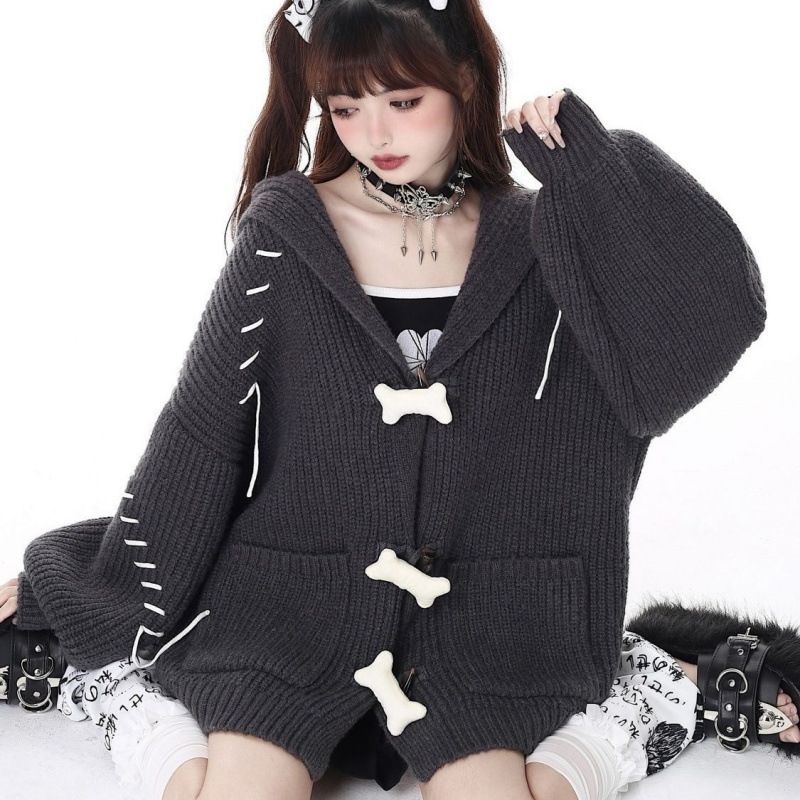 希少 MAD PUNKS フード付き髑髏プリント 変形 ニットカーディガン 黒白