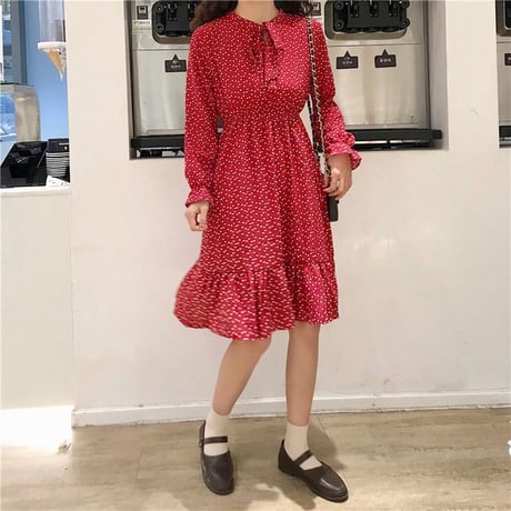レディース 長袖ワンピース ミモレ丈 ドット柄 ワンピース フレア リボン 韓国ファッション オルチャン (DCT-587243195150)
