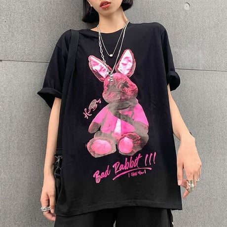 ユニセックス Tシャツ 半袖 ラウンドネック バッドラビット うさぎ プリント オーバーサイズ 韓国ファッション メンズ レディース ストリートファッション DTC-621638638683