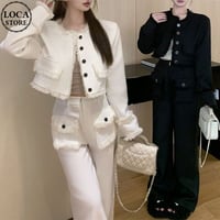 セットアップ ショートジャケット ワイドパンツ フリンジ タッセル ノーカラージャケット ハイウエスト レトロ 韓国ファッション レディース 大人可愛い ガーリー DTC-766276677738