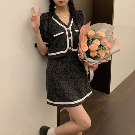 セットアップ ジャケット ＋ スカート 半袖 クロップド丈 韓国ファッション レディース 2点セット ミニスカート ハイウエスト 大人可愛い ガーリー DTC-646462258426