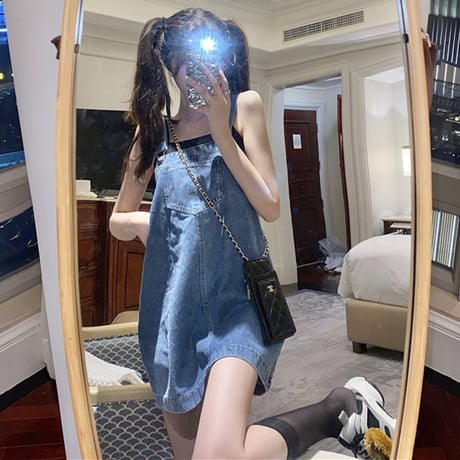 デニム ストラップスカート 薄手 サロペット ルーズ 韓国ファッション レディース サスペンダースカート カジュアル ガーリー DTC-619803825196