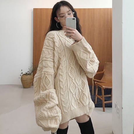 ニットセーター ケーブル編み ボリューム袖 ルーズ 韓国ファッション レディース ニット セーター 長袖 ラウンドネック ゆったり 大人可愛い ガーリー 624865812342