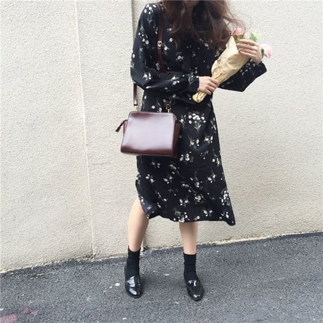 レディース リボン 花柄ワンピース ロング丈 ボウタイ フェミニン 韓国ファッション オルチャン (DCT-575431180054)
