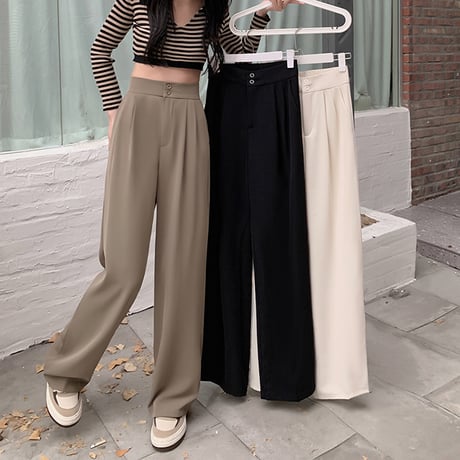 ワイドパンツ ストレートパンツ パンツ タック スラックス ハイウエスト シンプル レトロ 韓国ファッション レディース 大人可愛い ガーリー DTC-666705107446